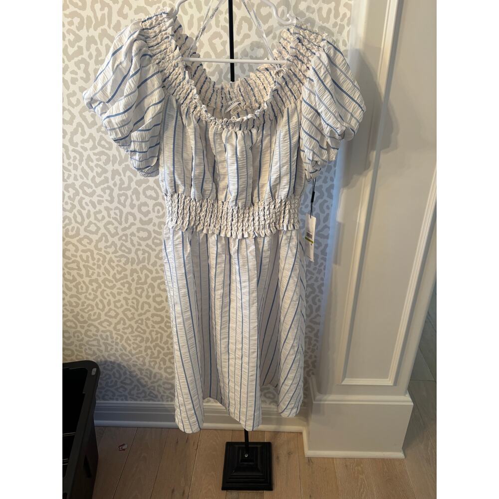 Calvin Klein Women's White Blue Striped Off-The-Shoulder Dress Size 14 - Picture 4 of 8